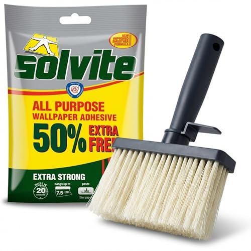 Solvite All Purpose Wallpaper Paste & Pasting Brush Bundle | Mixes in 20 Seconds | Covers up to 7.5 Rolls | Suitable for Vinyl, Lining, Embossed & Heavy Wallpapers | With Fungicide