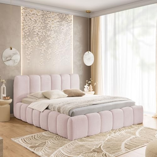 Home Collective Polsterbett Doppelbett Bubble Bett mit Stauraum viele Größen | Bettgestell mit Lattenrost weicher Bouclé Bezug mit Steppung niedriges Kopfteil | Schlafzimmer Möbel | Rosa 200x200 cm