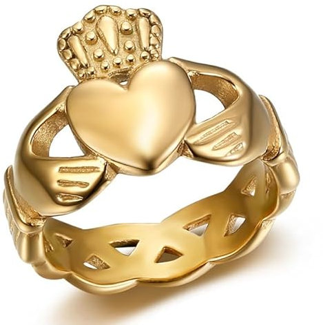 BOBIJOO JEWELRY - Claddagh Corazón Amor Amistad Irlanda Anillo de Mujer Acero Inoxidable Chapado en Oro - 27 (12 US)