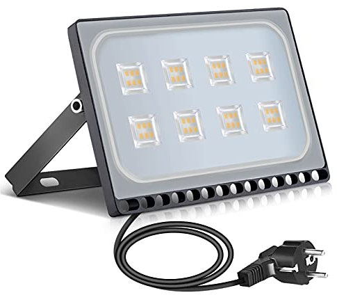 papasbox 50W LED Flutlicht Flutlichtstrahler Strahler Innen Scheinwerfer, LED Außenstrahler mit Stecker Wasserdicht IP65, 3000K Warmweiß Baustrahler, Außenbeleuchtung für Garten, Garage, Hotel