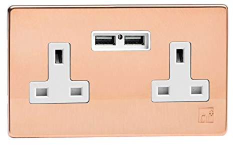 Varilight XDY5U2WS.AC Screwless Antimicrobial Copper 2 Gang 13A Unswitched Socket 2.1A USB
