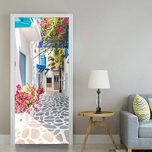 Türtapete Selbstklebend TürPoster Tür Aufkleber Für Innentüren 3d Europäischen Stil Stadt Stadt Griechenland Landschaft Wohnzimmer Restaurant Tapete Pvc selbstklebende Abziehbilder Aufkleber 77x200 cm