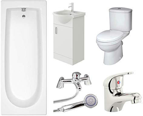 VeeBath Rosina 1700mm Bath, Modern Toilet, Vanity Sink Unit, Shower & Basin Mixer Taps High Gloss White Bathroom Suite