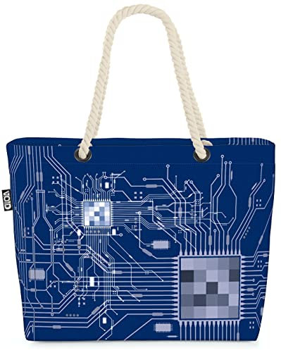 VOID XXL Strandtasche CPU Computer Chip Shopper Tasche 58x38x16cm 23L Beach Bag Cyborg, Kissen Farbe:Hellblau