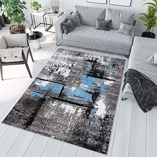 TAPISO Maya Teppich Kurzflor Modern Grau Creme Schwarz Blau Meliert Streifen Splash Design Wohnzimmer Schlafzimmer ÖKOTEX 200 x 300 cm