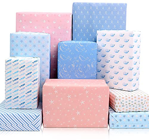 Geschenkpapier Geburtstatg, 10 Bögen Blau und Rosa Geschenkpapier, 10 verschiedene Designs für Kinder und Erwachsene, Geschenkverpackung Papier für Geburtstag, Party, 50 x 70 cm