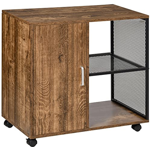 HOMCOM Support d'imprimante - Caisson Organiseur Bureau - Placard Porte, 2 niches, Grand Plateau - Panneaux Particules Coloris boisé métal Noir