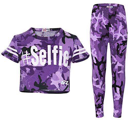 A2Z 4 Kids Girls Top Kids Camouflage Trendy - Camo Selfie Crop & Legg Purple 11-12