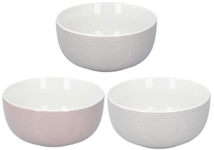 Ed-co Porcelain 3-Piece 14cm Heart Round Breakfast Oatmeal Bowls Deep Soup Salad Pasta Dessert Serving Bowls Dishes Dishwasher Safe, 550ml, Set of 3, Assorted Colours