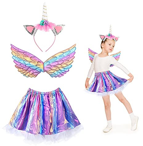 MEZOOM 3 Stück Einhorn Kostüm Prinzessin Set, Mädchen Einhorn Haarreif Flügel mit Tutu Rock Kinder Regenbogen Unicorn Cosplay Kostüme für Halloween Einhornparty Kindergeburtstag (3-9 Jahre)