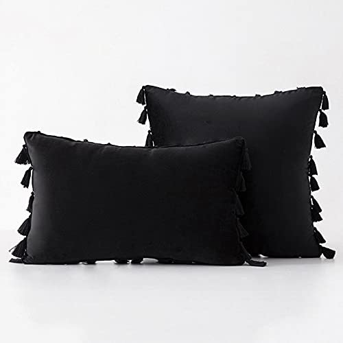 Bestenrose 2er Set Samt Kissenbezug mit Quaste Kissenhülle Dekorative Dekokissen Kissen Couchkissen Sofakissen für Wohnzimmer Schlafzimmer (45x45cm, Schwarz)