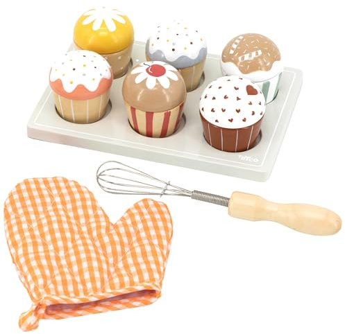 Tryco Cupcakes Backset aus Holz, mit 6 Cupcakes, Backofenwand, Backblech und Rührbesen, geeignet ab 18 Monaten