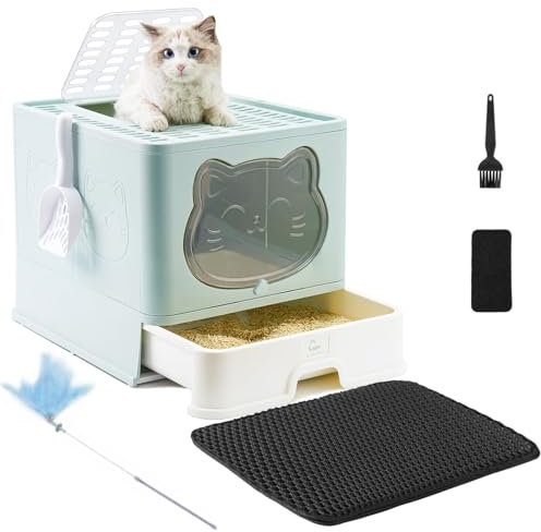 HelloMiao Caja de Arena para Gatos Completamente Cerrada con Tapa, Tipo de cajón, desodorizante, Grande, Plegable, con Pala de plástico para Mascotas, Adecuada
