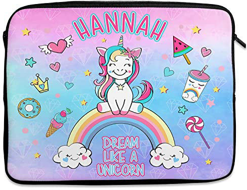 Personalised Unicorn Rainbow Tablet Sleeve Laptop Case Girls iPad Zip Pouch Protective Carry Travel Bag Pretty KS194 (14” – 15.6”)