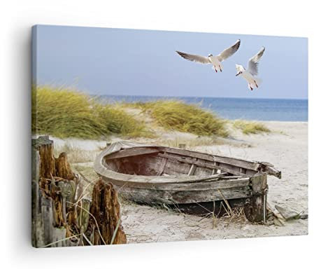 Bilder auf Leinwand Strand Möwen Łódź Leinwandbild mit Rahmen 70x50cm Wandbilder Dekoration Wohnzimmer Schlafzimmer Küche Deko Klein Wanddeko Bild Wand Kunstdruck Art Wall Decor Canvas AA70x50-4170