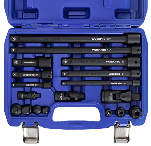 WORKPRO 18-Piece Impact Socket Extension Set, Includes Socket Adapters, Ratchet Extension Set, Socket Extension Bar, Swivel Universal Joints and Impact Coupler, 1/4, 3/8 & 1/2 Drive