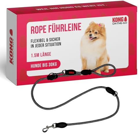 KONG Hundeleine in Schwarz I Dreifach verstellbar I Hochwertige Doppelleine I Laufleine mit robusten Karabinerhaken I Reflektierende Leine für Hunde I Führleine I Länge 1,5 m I Breite 10 mm Größe M