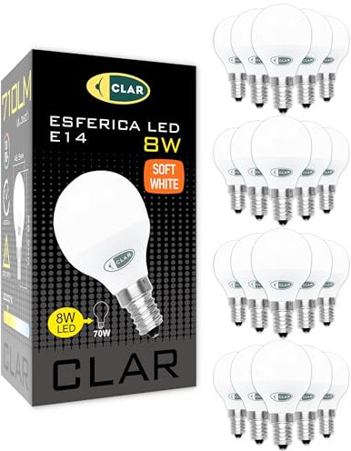 CLAR Bombillas LED E14, Luz Calida, Luz Calida, LED, Bombilla Casquillo Fino, Bombilla 8W E14 (Pack 20)