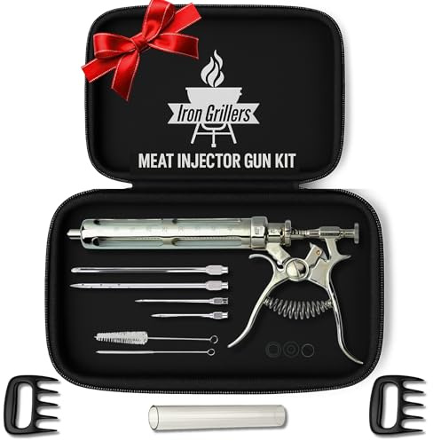 Professional Meat Injector Gun Marinade Kit for Smoking & Grilling Brisket, Turkey, BBQ - Large 2 Oz Glass Capacity with Metal Protective Case - No Leaks or Clogs + 2 Meat Shredder Claws