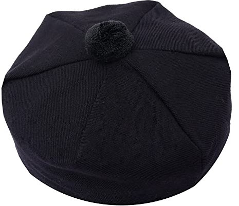 Schottische traditionelle Tam o' Shatner Acrylwolle Tammy Hut Pom Pom One Size Verschiedene Tartans Barett Balmoral Flache Kilthaube Jimmy Hüte Flat Cap, Farbe: Schwarz, L/XL