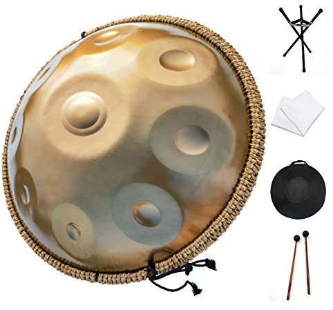 PROPFE Trommelinstrument, in d-Moll, 9 Noten, 22 Zoll, Stahl-Handtrommel mit weicher Handpfannentasche, 2 Schlägel, Ständer, staubfreies Tuch, Gold (440 Hz, Gold)