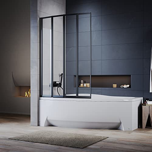 ELEGANT Black 4 Panel Folding Bath Shower Screen,900mm Over Bath Shower Screen Door Toughened Safety Clear Glass Bathtub Door Pivot Swing Panel