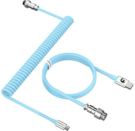 MAMBASNAKE C01 Coiled Keyboard Cable, Pro Custom USB-C Aviator Cable, Type-C to USB-A HyperSpeed Line with 8KHz Return Rate with Metal Aviation Connector for PC Gaming Keyboard-Blue
