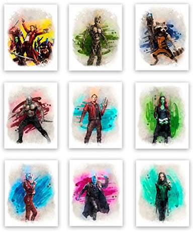 Guardians of the Galaxy Superhelden-Aquarell-Kunst, ungerahmt, tolles Geschenk-Set mit 9 (20,3 x 25,4 cm) | perfekt für Jungenzimmer-Dekoration | Man Cave-Poster