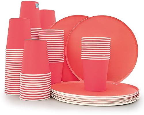Wellsamed WELLSACUP 100 Stück Pappbecher 180 ml mit Teller, Rot, geeignet für Heiß- und Kaltgetränke, Coffee to Go, Weihnachten, Veranstaltungen, Party