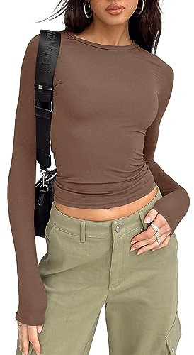 LACOZY Womens Long Sleeve Crop Tops Workout Crewneck Slim Fit T Shirts Cute Casual Y2K Tops Coffee S