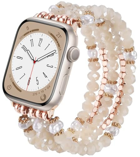 VISOOM Armband Kompatibel mit Apple Watch Armband 38mm/40mm/41mm Glitzer Schmuck Perlen Elastisch Ersatz iWatch Armband für Series 9 8/7/SE/6/5/4/3/2/1 Damen,Roségold