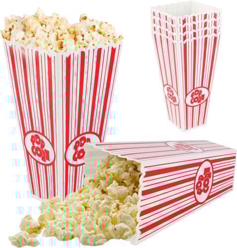 4 Pack Reusable Popcorn Containers, Each Box Holds 60g of Popcorn Classic Striped White & Red Plastic Holders Ideal for Family Movie Nights, Home Cinema Snack Boxes