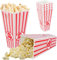 Paquete de 4 recipientes reutilizables para palomitas de maíz, soportes de plástico clásicos a rayas blancas y rojas, ideales para noches de cine en familia, cajas de aperitivos de cine en casa