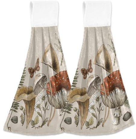 Handtücher für Badezimmer Pilze Farn Wald Pflanze Küchentücher Hängende dekorative weiche saugfähige Korallenvlies Geschirrtuch 2er Set