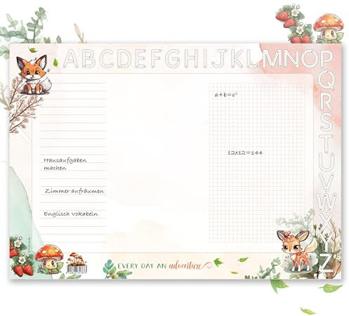 TOBJA Schreibtischunterlage A3 für Mädchen und Jungen - Waldtiere Design, dickes 90g/m² Papier, mit ABC Leiste zum Ausmalen - Perfekt zur Einschulung | Schreibtischunterlage Papier 25 Blatt