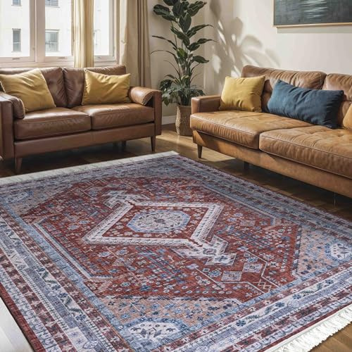 Mazovia Teppich Wohnzimmer 120x170cm Rot Vintage Traditionell Stilvoll | Teppich für Schlafzimmer Büro Esszimmer Eingangsbereich Rutschfest Maschinenwaschbar Wetterfest Pflegeleicht Kurzflor Elegant