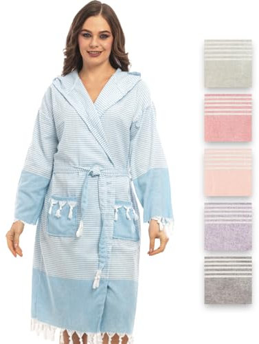 Bademantel aus Hamamtuch, Saunatuch, für Herren, für ultimativen Luxus, mit Gürtel & Kapuze - Langform Herren (L-XL, Turkis)