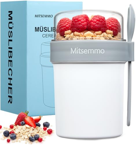 Mitsemmo Müslibecher to Go,Müsli Cup to Go Becher,Joghurtbecher to Go mit Löffel,Cornflakes to Go,Müslibecher Müslidose Müslischale Frühstücksdose Müslibox,Joghurt to Go Becher(560ml+230ml-Weiß)