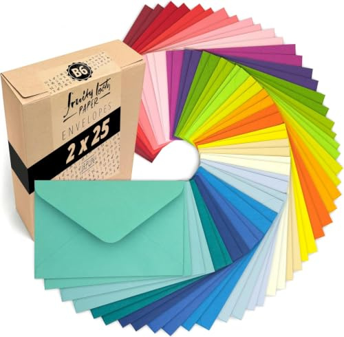 Japun - 50 farbige Briefumschläge (2 x 25 Farben) DIN B6 175 x 125 mm, bunt | Blanko Kuverts im Set aus 120 g/m² Papier zum Gestalten, Beschriften und Bedrucken, Umschläge mit Nassklebung, ohne Fenster