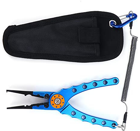 flexman Aluminum Fishing Pliers Saltwater, 7.9in Fishing Lure Pliers Tongs with Wire Coiled Lanyard and Nylon Storage Bag for Inset Braid Cutters (Blue)