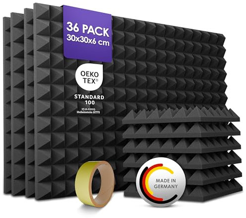 PolySound Pyramidenschaumstoff Akustikpaneele - 36 Stück 30x30x6cm, Akustikplatten mit Kleberolle zur einfachen Befestigung, Schallabsorber in Schwarz