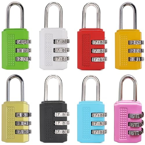 Kellegour 8 Pezzi Lucchetto Combinazione 3 Cifre,Lucchetto a Combinazione,Lucchetto per Bagagli,Lucchetto con Codice a 3 Cifre per Bagagli,Borse,Ufficio,Armadietto Palestra(8 Colori)