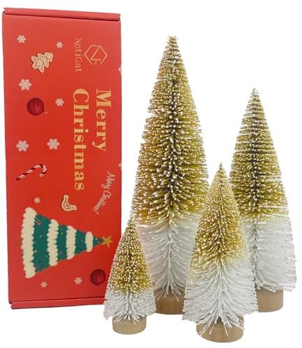 Mini Christmas Tree Bottle Brush Christmas Trees Decor for Christmas Decorations Wooden Bases (Gold and White)