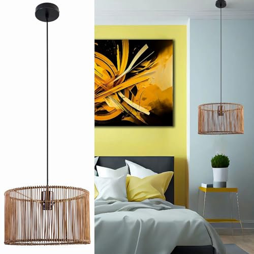 Osasy hängeleuchte ohne stromanschluss, Bambus Lampenschirm,lampe holz hängeleuchte Moderne Pendelleuchte für Wohnzimmer und Esszimmer (Glühbirne nicht enthalten)