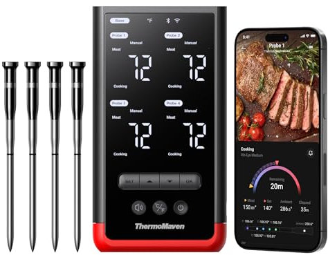 ThermoMaven P4 Smarte Fleischthermometer Kabellose – 152m Bluetooth 5.3, 4 Sonden 6 Sensoren, Unbegrenzte WLAN Überwachung Stabilität, IPX8 Wasserdicht, Grill Ofen Küche Lebensmittel Heißluftfritteuse