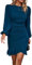 Haibang Women's Long Sleeves Bodycon Mini Dress Ruched Puff Sleeve Ruffle Hem Crew Neck Cocktail Party Work Dress Blue
