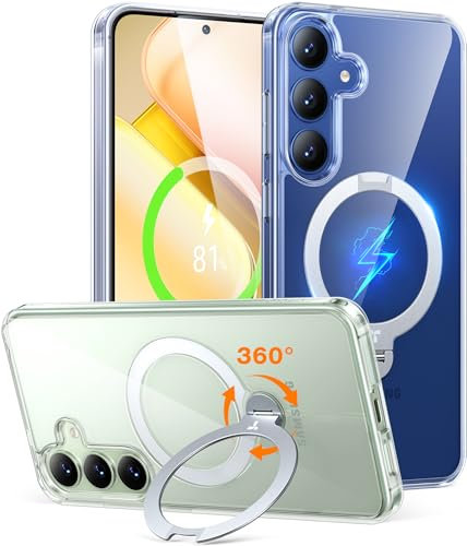 TORRAS Ostand Q3 Spin für Samsung Galaxy S25 Hülle (360° Magnetischer Standring) TOP Militärschutz Stoßfest Kratzfeste Diamant-Klar Anti-Vergilbung Handyhülle Samsung S25 Case Transparent