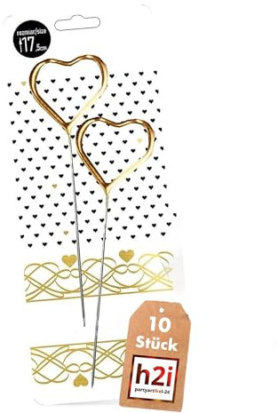 h2i Herz-Gold Wunderkerzen | 10 Stück | 18 cm | +/- 60 sek | Geburtstagskerzen Sprühkerze Spritzkerze Sternenspritzer Funkenzauber für Valentinstag Hochzeit Silvester Geburtstag | a | Kat F1