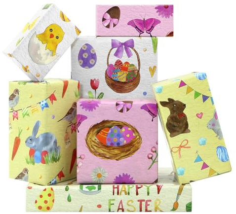 Oster-Geschenkpapier mit Osterei, Kaninchen, Küken, Schmetterling - Happy Easter Day für Kinder, Mädchen, Jungen, Familie, Freunde zu Ostern oder Geburtstagsparty (6 Bögen)