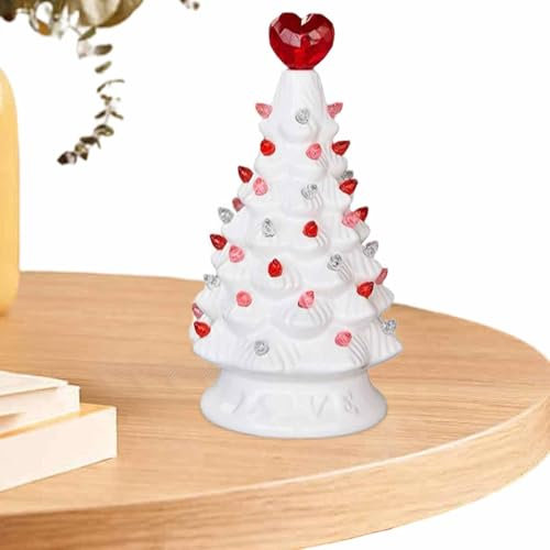 Genérico Decoración de Navidad Vintage, árbol de cerámica con Luces LED a Pilas, diseño de corazón en la Copa Árbol de Mesa para Interiores, Celebraciones navideñas y San Valentín,